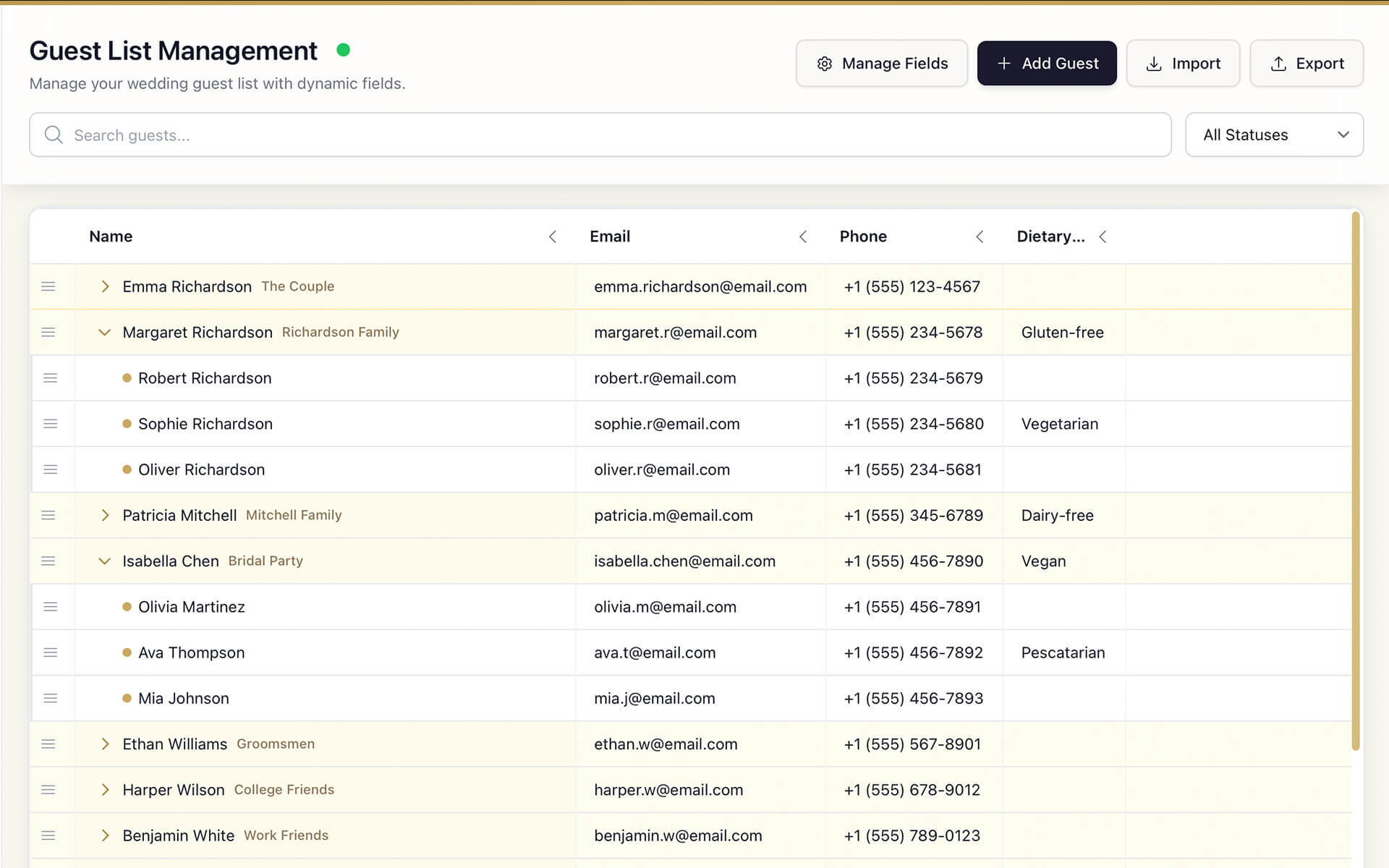 Wedding Nest Guest List interface
